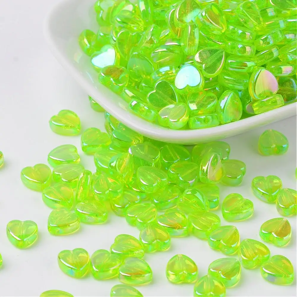 

500g Eco-Friendly Transparent Acrylic Beads Heart Spring Green AB Color about 8mm in diameter 3mm thick hole: 1mm about 2800pcs