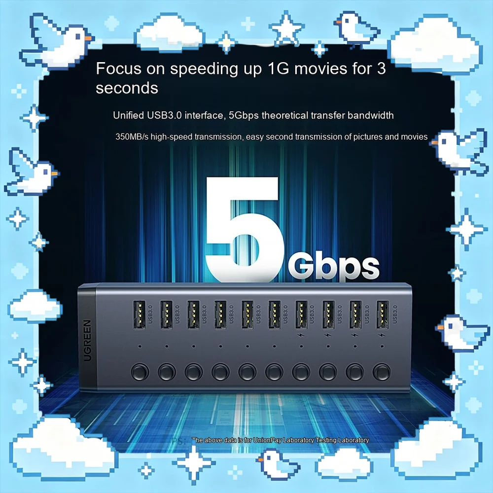 UGREEN 30779 CM482 USB 3.0 Hub 10 Port with Individual Switches 12V 4A Power Adapter USB Splitter for Laptop PC