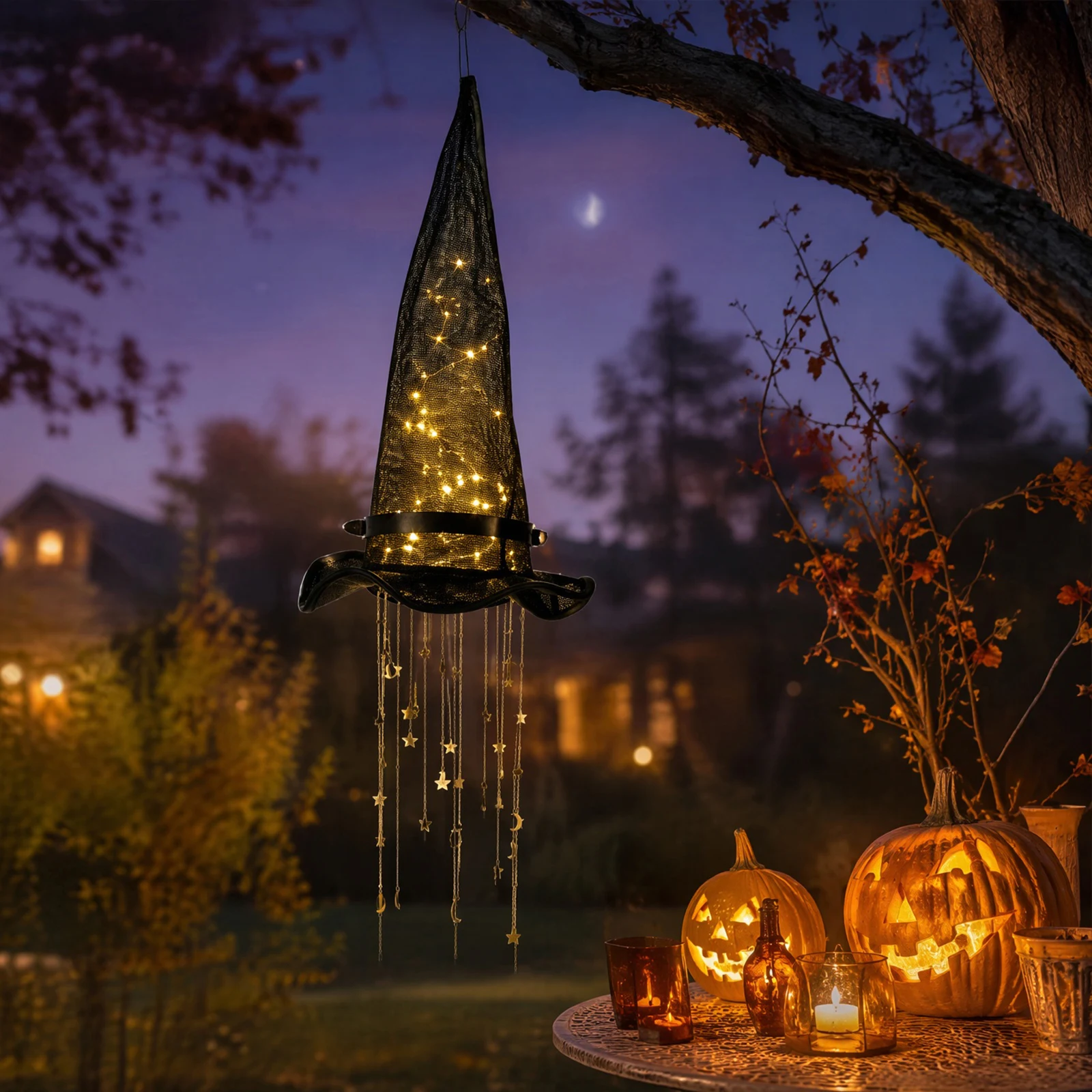 Halloween Witch Hat Wind Chime Glowing Hanging Ornament Iron Fabric Star Porch Door Window Decor 55cm