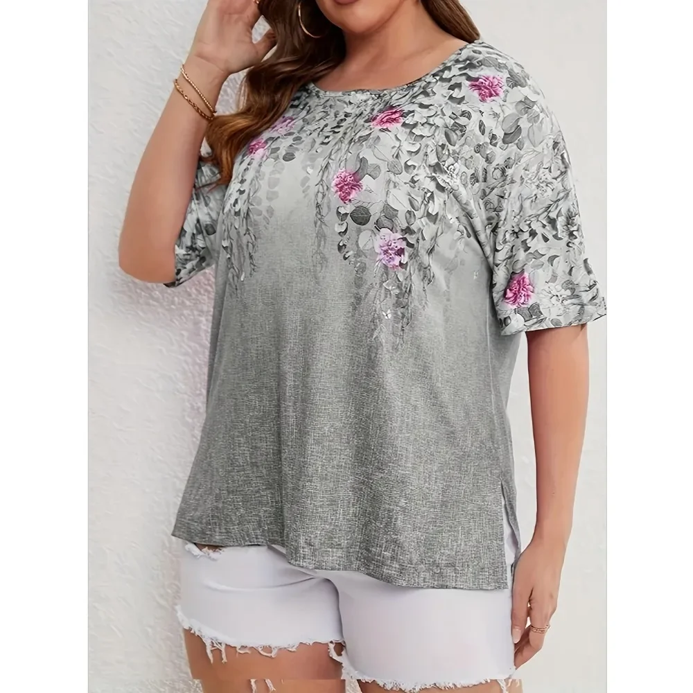 

Плюс размер 1XL-5XL новые женские модные топы с коротким рукавом и круглым вырезом с цветочным принтом футболка женские повседневные топы