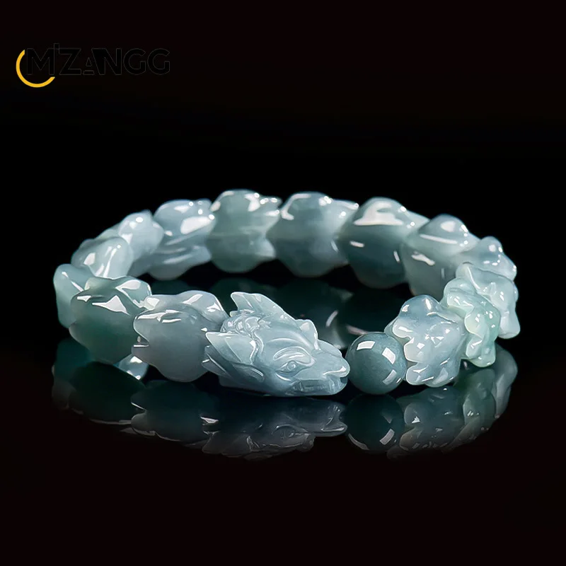 Genuine Natural Jadeite Blue Water Three-dimensional Keel String Fine Carving Ice Jade Bracelet Fashion Men Lucky Amulet Gift