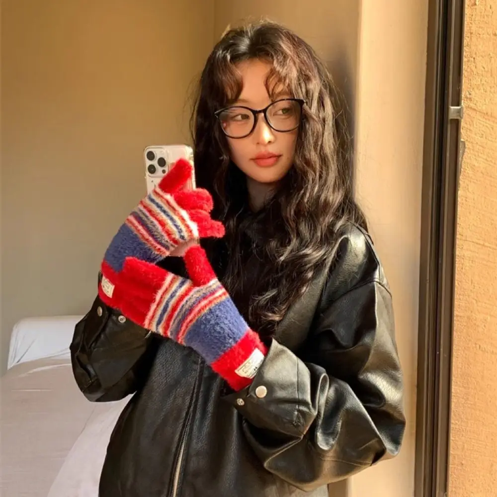 

Fashion Korean Style Colorful Striped Gloves Rainbow Color Soft Striped Knitted Gloves Warm Harajuku Touchscreen Mittens Autumn