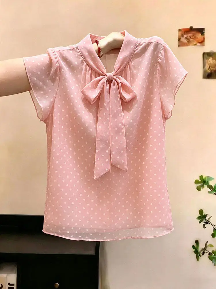 Sweet Style  Knot Short Sleeve Chiffon Top Women's Summer New Versatile Slimming Top Princess Loose Fit Daily Wear
