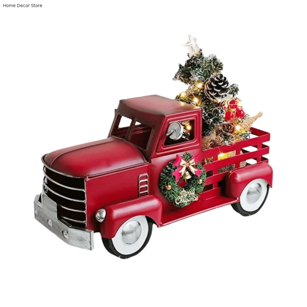 American Rustic Style Red Truck with Christmas Tree Ornament with Light Metal Christmas Pickup Truck Statue Vintage Mini