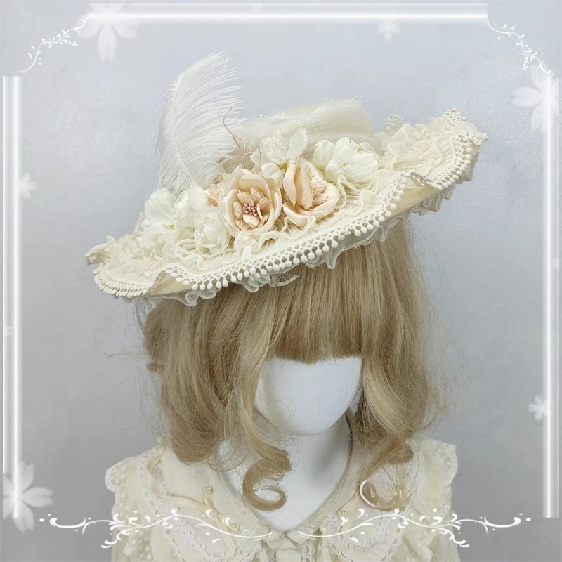 Lolita Elegant Top Hat Generative Color Bonnet Flat Top Flat Hat Big Eaves Dome BNT Lace Bow Travel