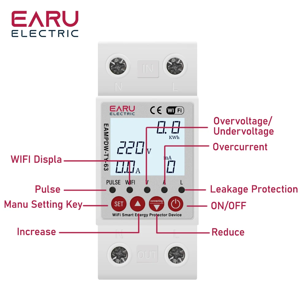 Imagem -04 - Terra Vazamento sobre sob Tensão Protector Dispositivo de Relé Switch Breaker Energia Power Kwh Medidor Circuito Inteligente Wi-fi 2p 63a Tuya App