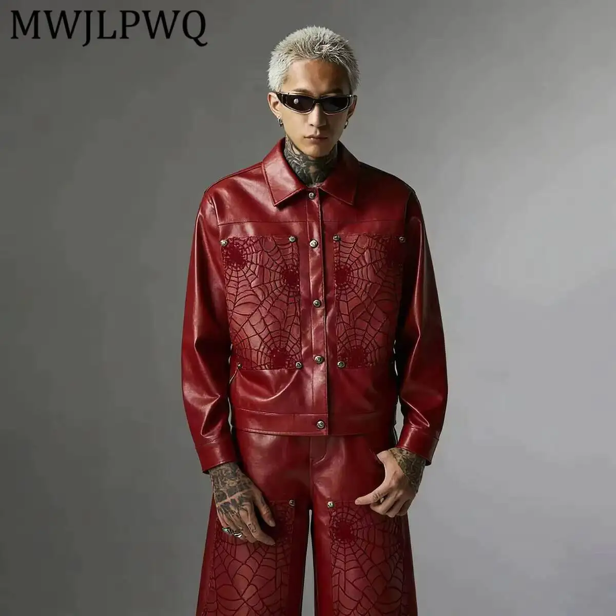 MWJLPWQ Gothic Collared Faux Leather Cropped Jacket Spider Web Embossed Rivet Button Long Sleeve Unisex Punk Street Coats 17103