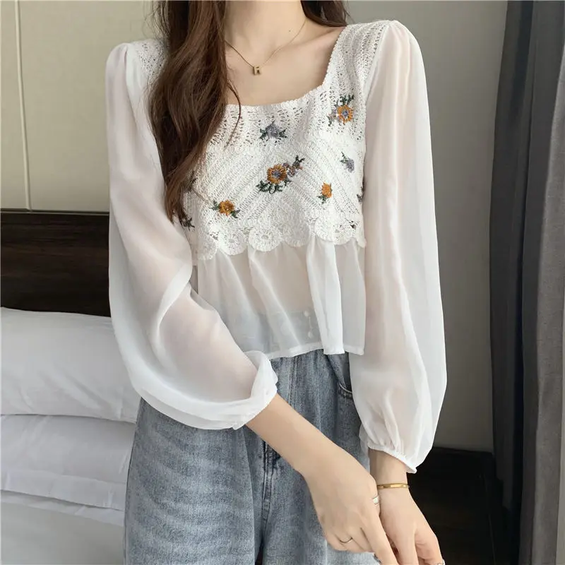 Korean Style Blouse Women Hollow Out Crochet Knitted Long-sleeved Square Collar Office Lady Versatile Embroideries Tops Female
