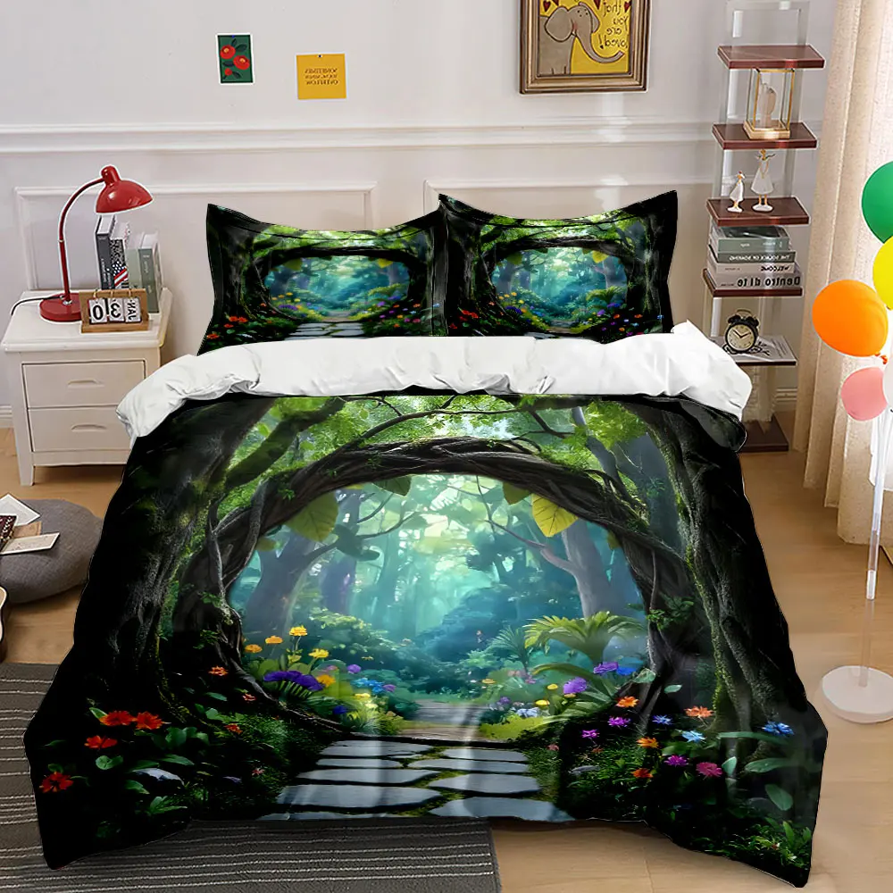 Enchanted forest gate to path Pattern Duvet Cover Set Digital Print Colorful Polyester Bedding with Zipper Closur for gifts