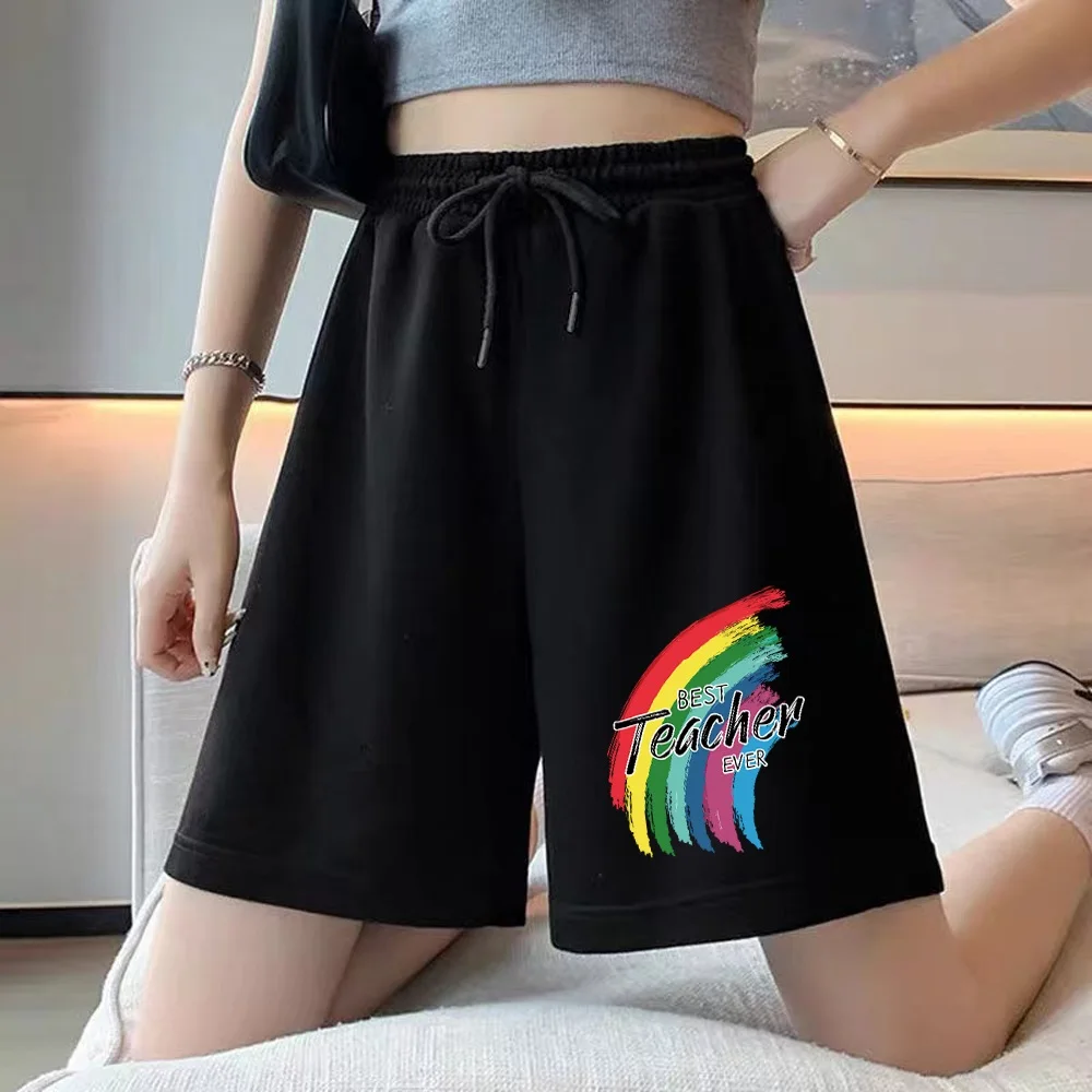 Women's Simple Shorts Fashion Loose Elastic Band Student Nine-point Pants Teacher Series Printed Female Harajuku Street Shorts