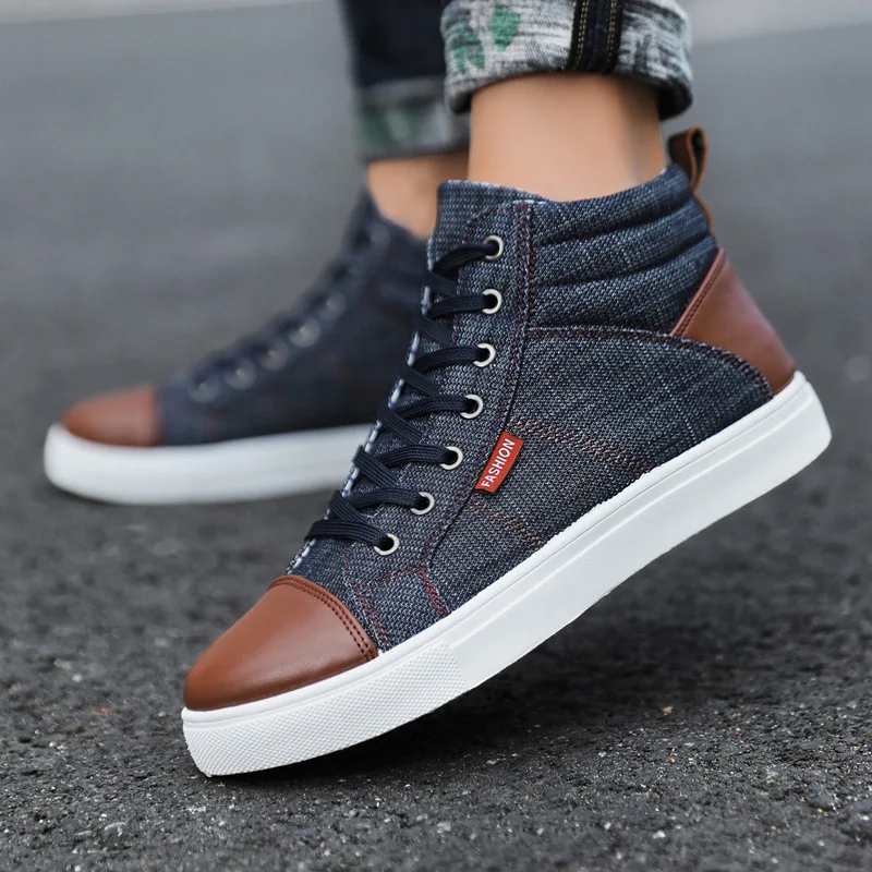 

Classic Denim Men's Boots Designer High-Top Canvas Shoes for Men Fashion Lace Up Sneakers British Style Men Ankle Boots 2024 New