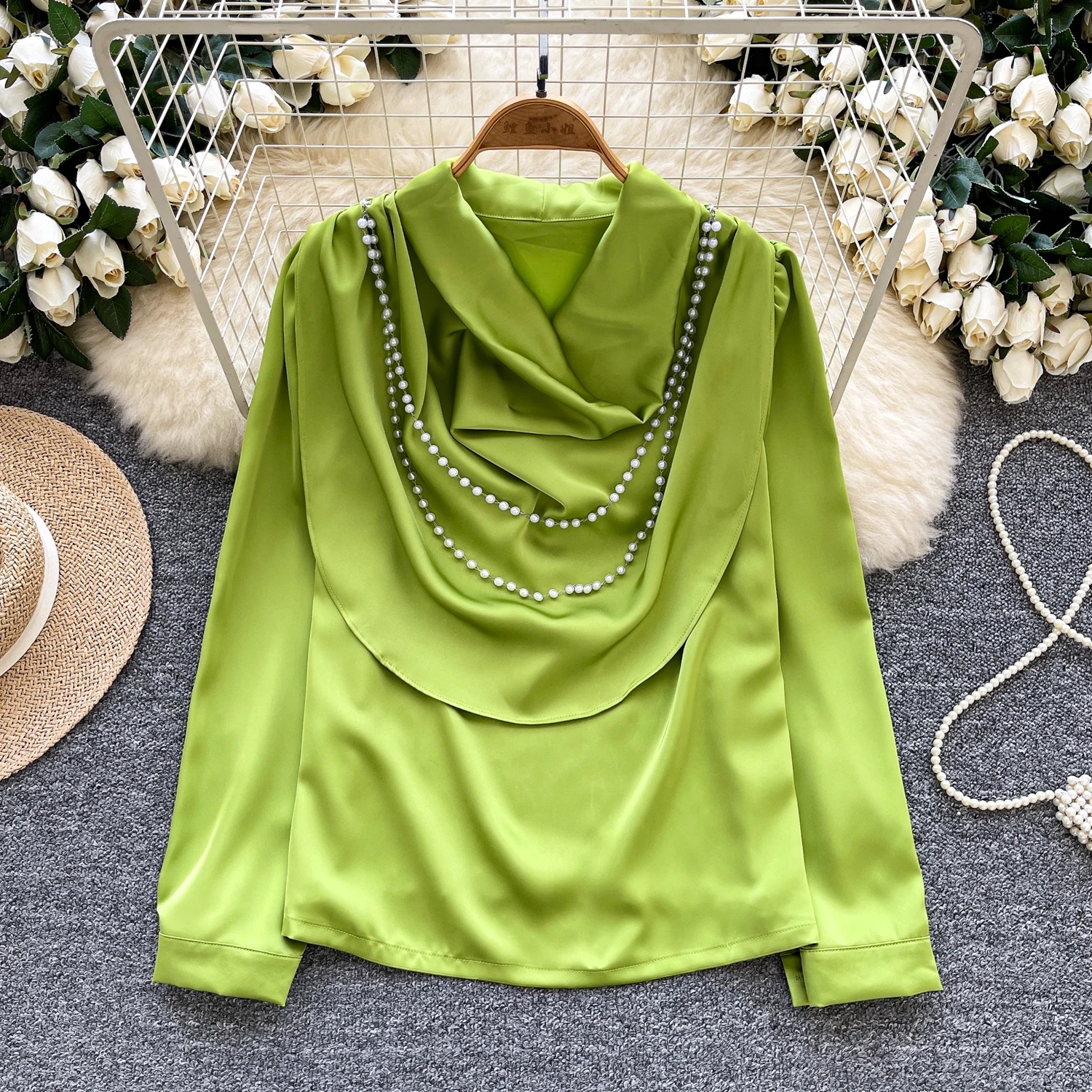 

Sexy swinging collar satin solid Beading long sleeve slim Tanks Camis Chic Women Party Top Y2k
