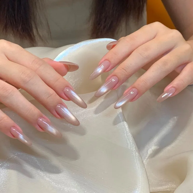 30Pcs Nude Pink Cat Eye Press On Nails Almond Long Fake Nails Aurora Glass Bead Chrome Finish Reusable False Nail Art Tips