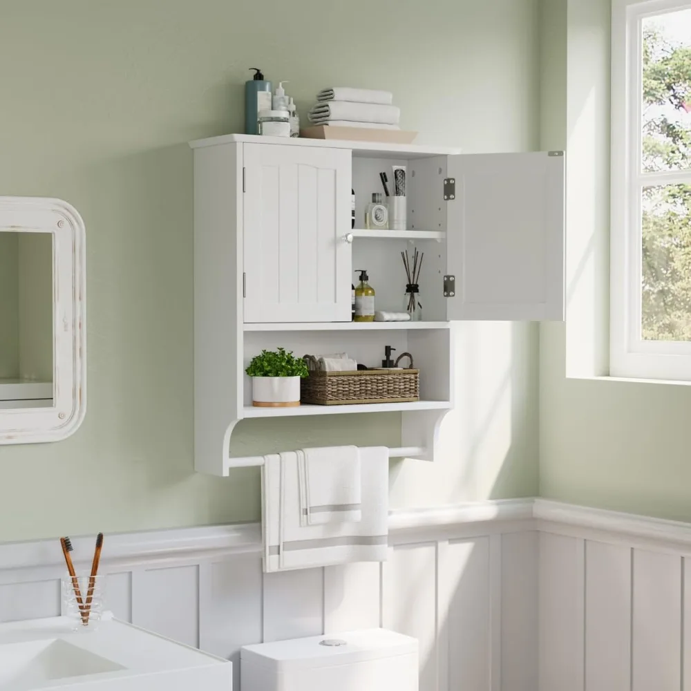 

White Bathroom Cabinet Wall Mounted with Towels Bar, Bathroom Medicine Cabinet with 2 Door Adjustable Shelves, Over Toilet Cabi