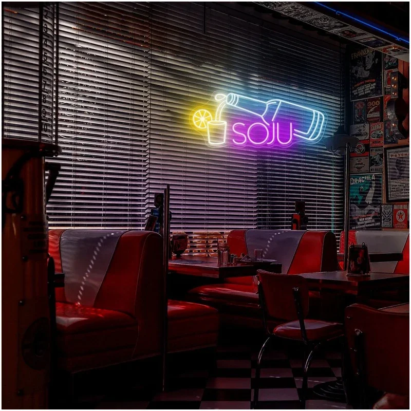 Soju LED papan Neon bir Korea, lampu sein Neon Led kustom untuk dekorasi Bar, dekorasi dinding, tanda pesta Bisnis