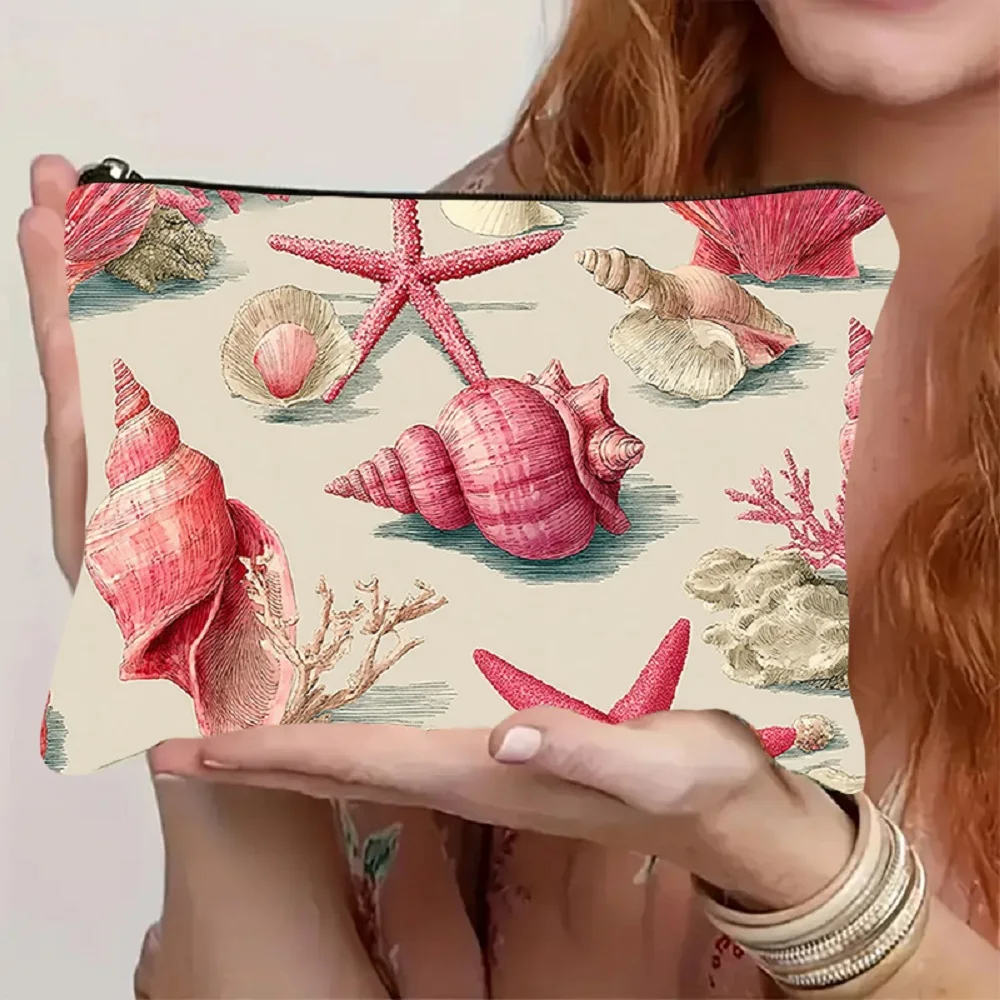 1 Piece Light-Colored Shell and Starfish Pattern Makeup Bag - Multifunctional Zipper Pouch for Women, Perfect Travel Zipper Storage Bag, Fun Birthday Gift