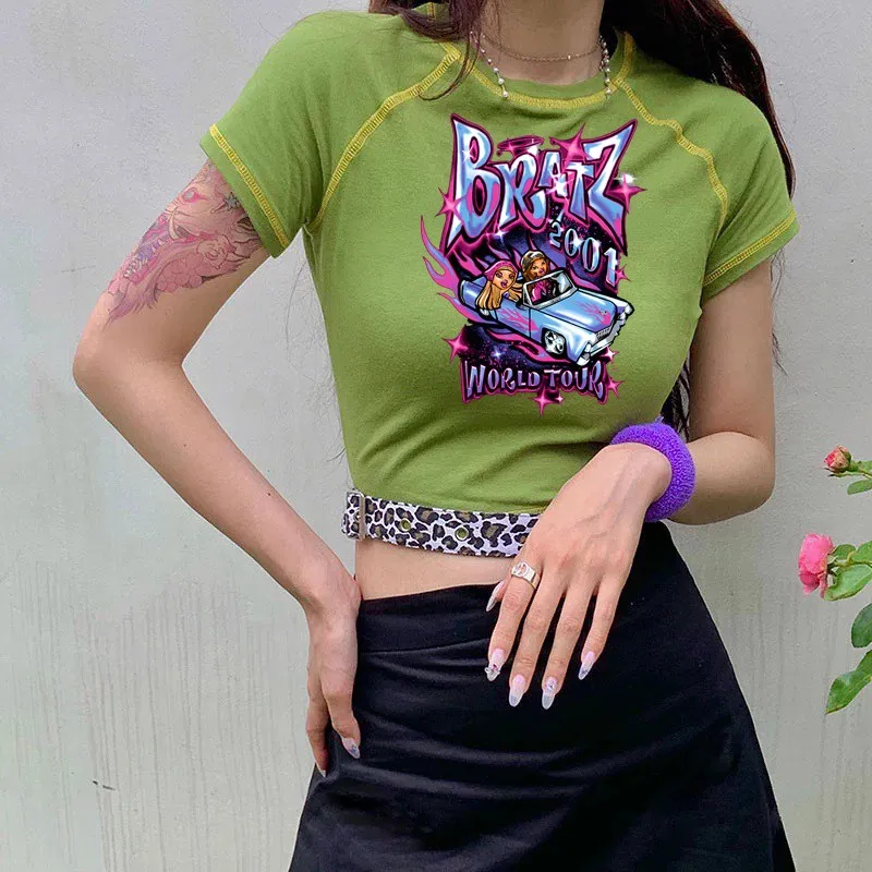 New Cartoon pattern t-shirt women clothing Bratz letter Y2K Slim-fit women tops short sleeve gothic female T-shirt ropa de mujer