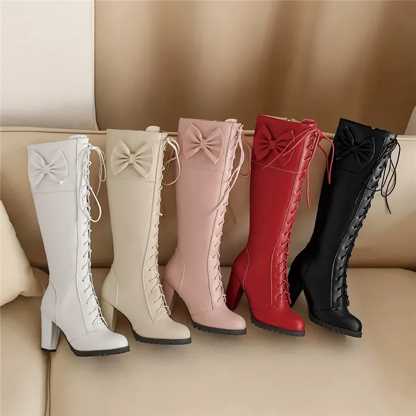 Sweet Pink Bowtie Women Knee-high Boots High Chunky Heels Black Party Ladies Round Toe Lolita Lace-up Zipper Platform Long Boots image 4