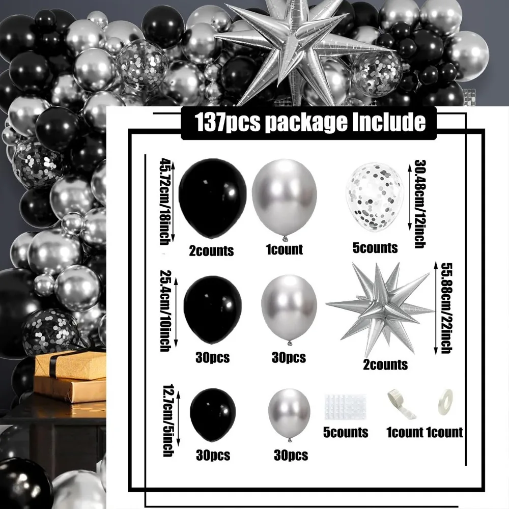 مجموعة قوس إكليل بالونات باللونين الأسود والفضي مكونة من 137 قطعة لعيد الميلاد وحفلات الزفاف والتخرج والذكرى السنوية وديكور حفلات التخرج