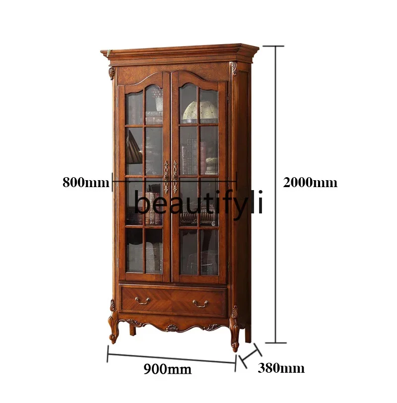 Light luxury solid wood glass door bookcase multi-layer floor shelf retro bookcase study simple furniture