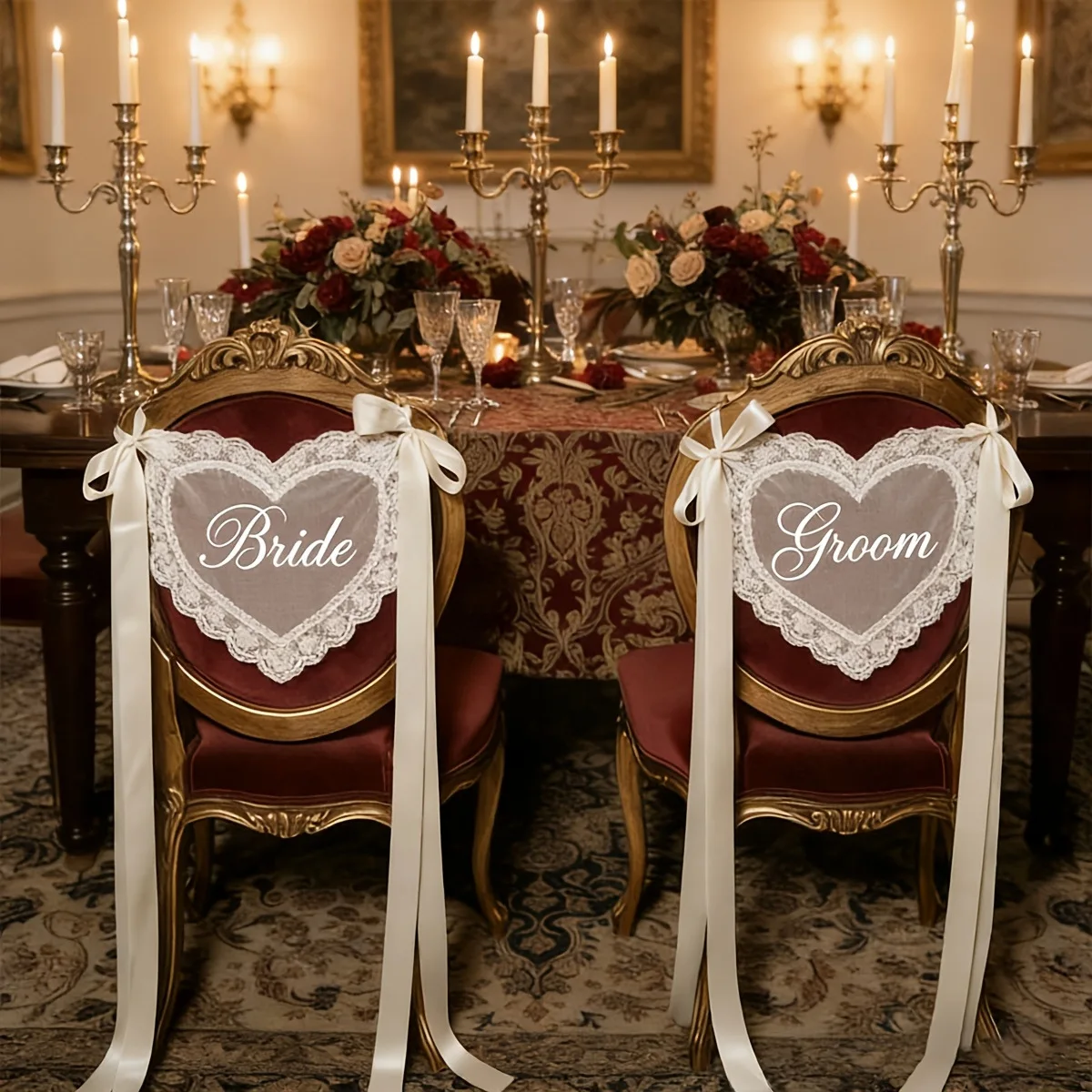 Just Married Heart Shaped Sheer Lace Chair Sign for Bride Groom Wedding Day Chair Decor Supplies Bridal Shower Party Accessory