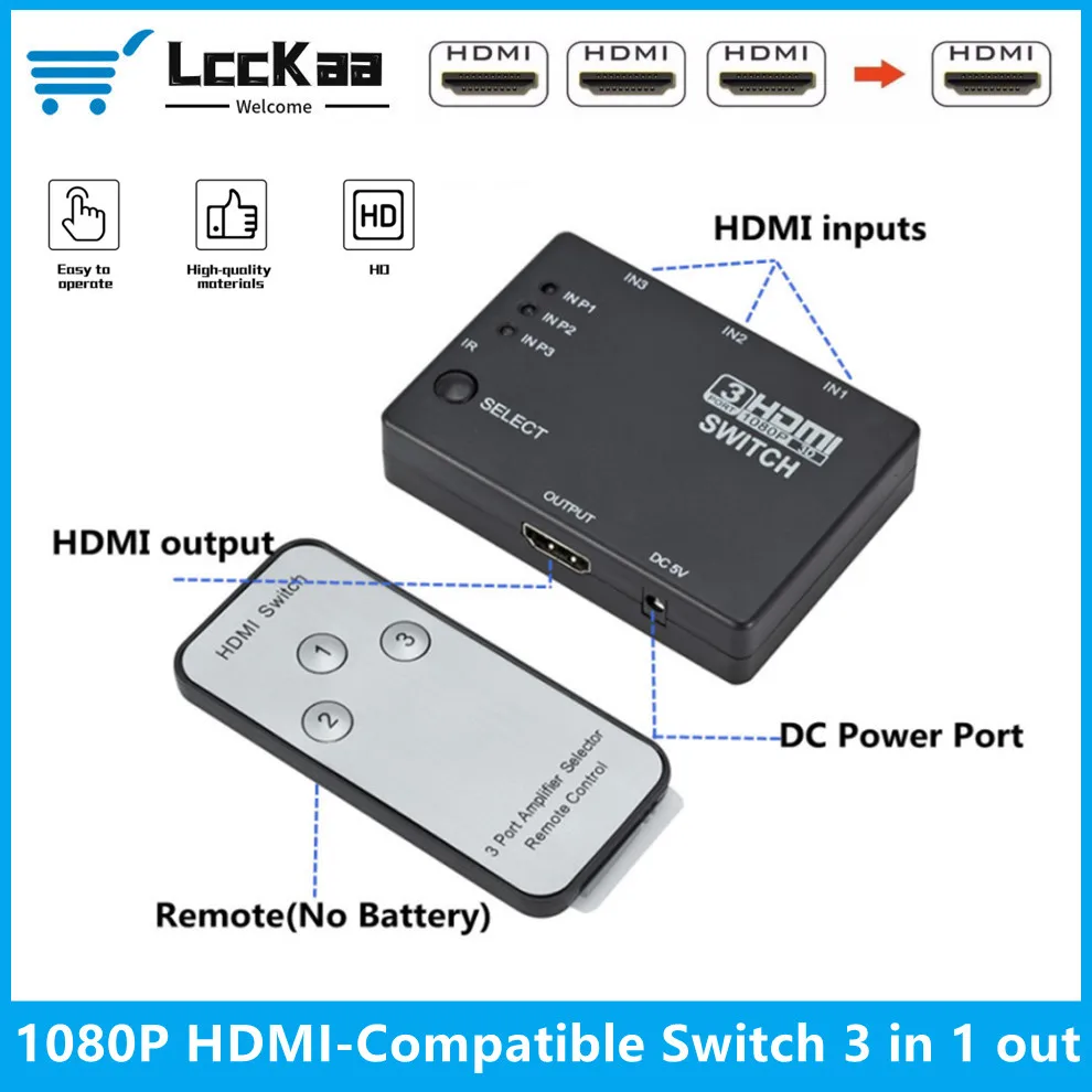 LccKaa HDMI-Compatible Switch With Remote 3 in 1 out 1080P HDMI Switcher Splitter 1x3 Hub Adapter for HDTV XBOX360 DVD Projector