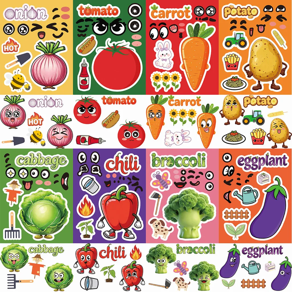 8 Sheets Make Face Cute Cartoon Vegetable Stickers Waterproof DIY Decor for Water Bottle Handcraft Golden Memory Stickers Store