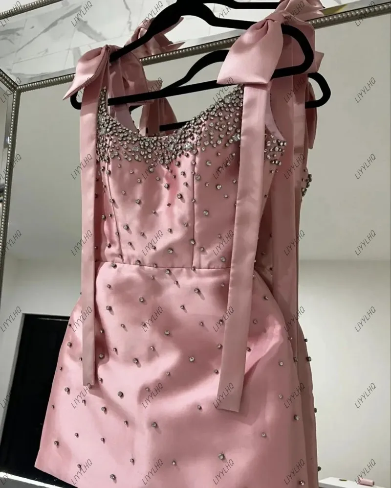 New Arrival Pink Short Homecoming Gowns Luxury Rhinestones Chic Women Formal Occasion Party Dresses Spaghetti Straps Prom Dress