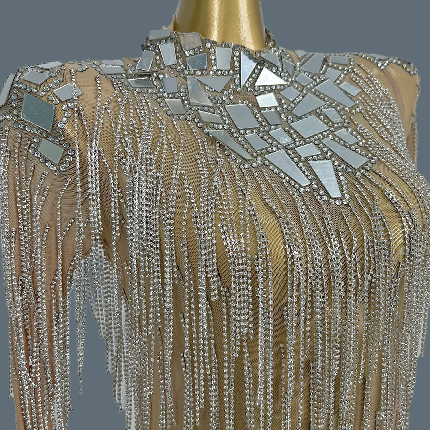 

Women High-end Evening Dress for Formal Sparkly Rhinestone Tassel Sexy Mesh Long Dress Birthday Celebrate Party Bar Robe yinjing