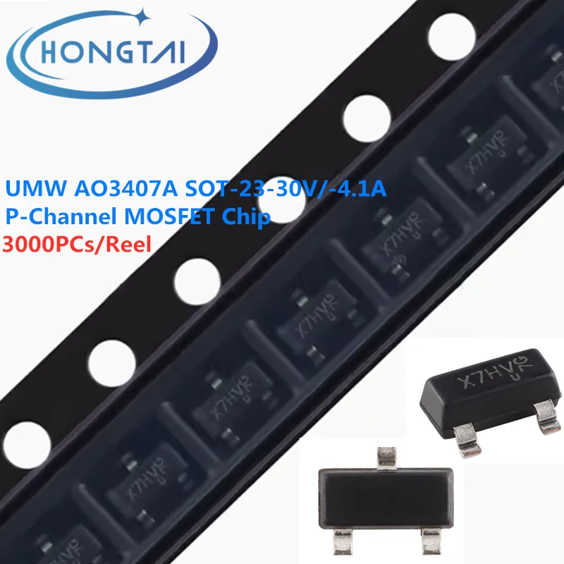 3000PCs/Reel Free Shipping UMW AO3407A SOT-23-30V/-4.1A P-Channel MOSFET Chip Original New