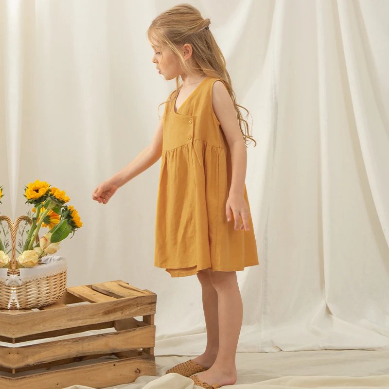 Girls' V-neck Vest Linen Dress 2025 Summer New High Quality Cotton And Linen Sleeveless Stitching Literary Princess Dresses TZ41
