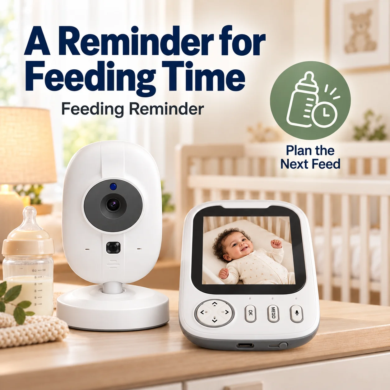 Baby Monitor 3.5 Inch Color LCD 720P IR Night Vision  Alarm Clock Two‑Way Audio Temperature Detect Feeding Reminder Baby Camera