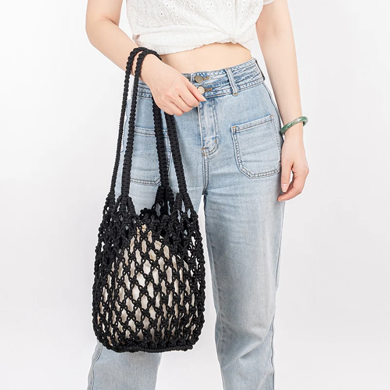 

Cotton Thread Hand-woven Bag Female Seaside Beach Handbags Women 2025 Summer Vacation Beach bucket Shoulder Bags