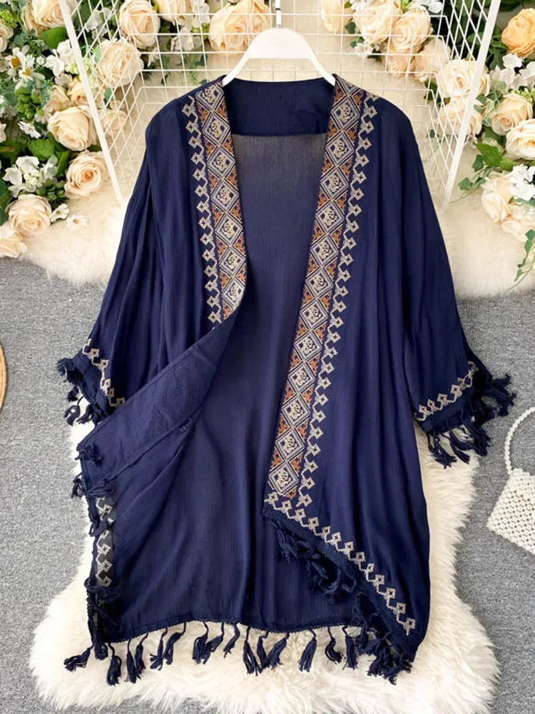 New Bohemian Retro Ethnic Print Sunscreen Shirt Tops Thin Sunscreen  Cardigan Tassel Stitching Tops Women GD695