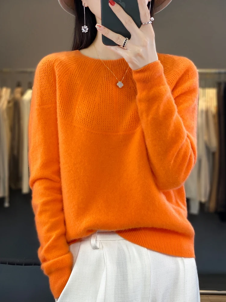 Autumn Winter Women Sweater O-Neck Long Sleeve 100% Merino Wool Hollow Solid Pullovers Cashmere Knitwear Female Clothing Tops