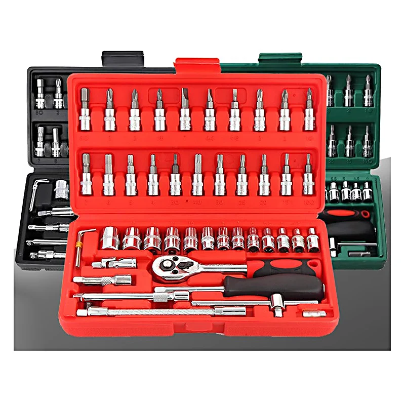 

46pcs Socket Ratchet Wrench Combination Set Chrome Vanadium Steel Hardware Tools Motorcycle Bicycle Car Repair Hand Tool Box