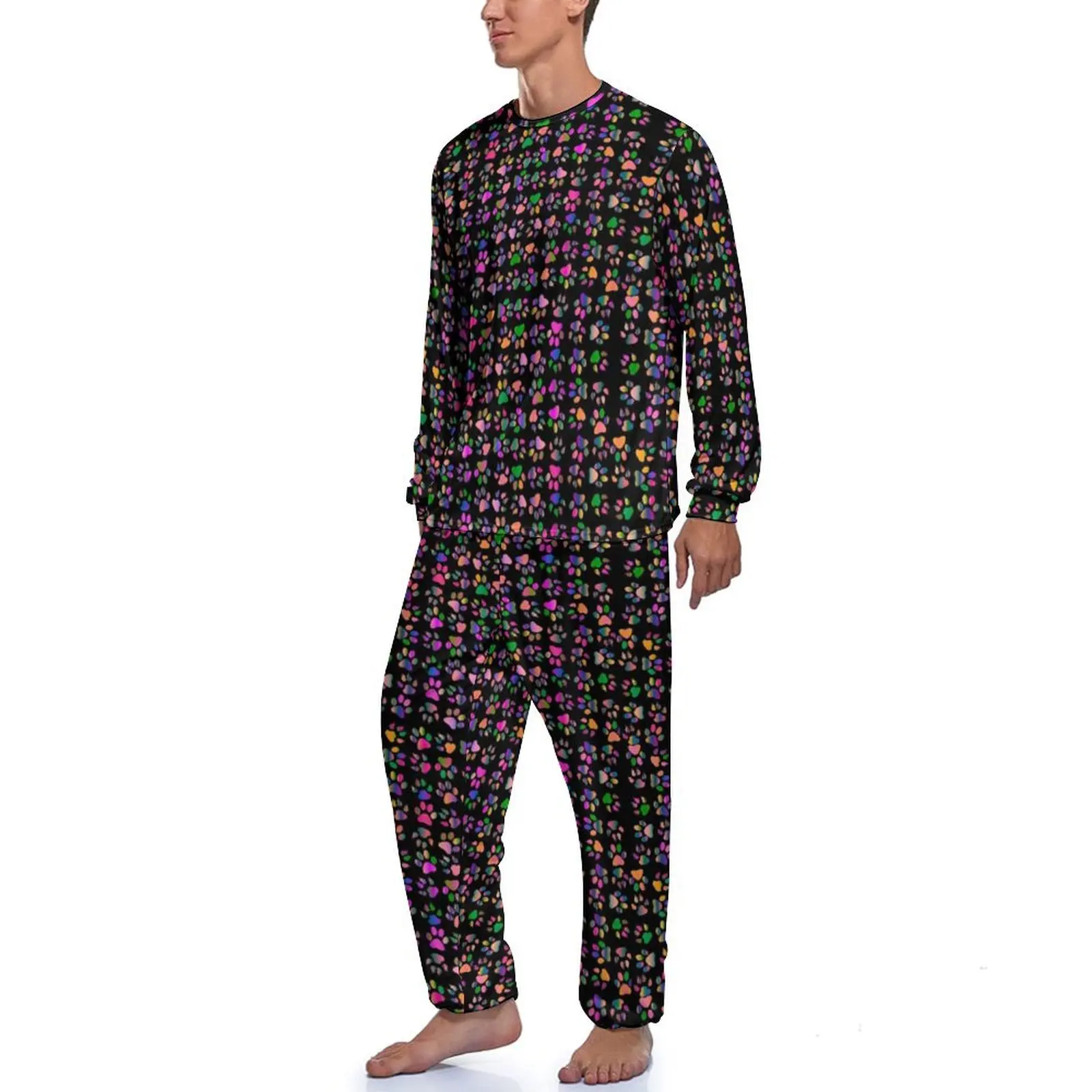 Colorful Dog Paws Pajamas Rainbow Print Men Long-Sleeve Soft Pajama Sets 2 Pieces Bedroom Autumn Pattern Sleepwear Birthday Gift