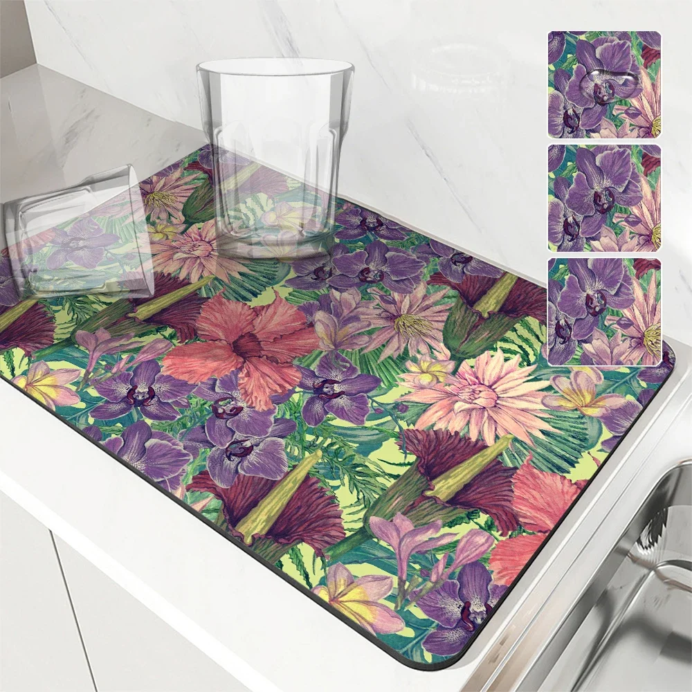 Coffee Cup Drying Mat Tropical Plants Non Slip Absorbent Mat Diatoms Tableware Kitchen Counter Drain Mat Coffee Bar Drain Mats