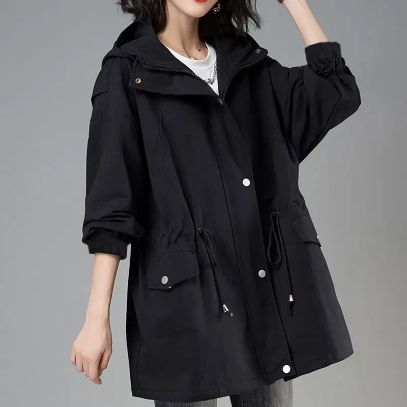 2023 New Spring Fall Women\'s Jackets Windbreaker Female Hooded Casual Basic Coat Korean Loose Zipper Jacket Drawstring Outerwear