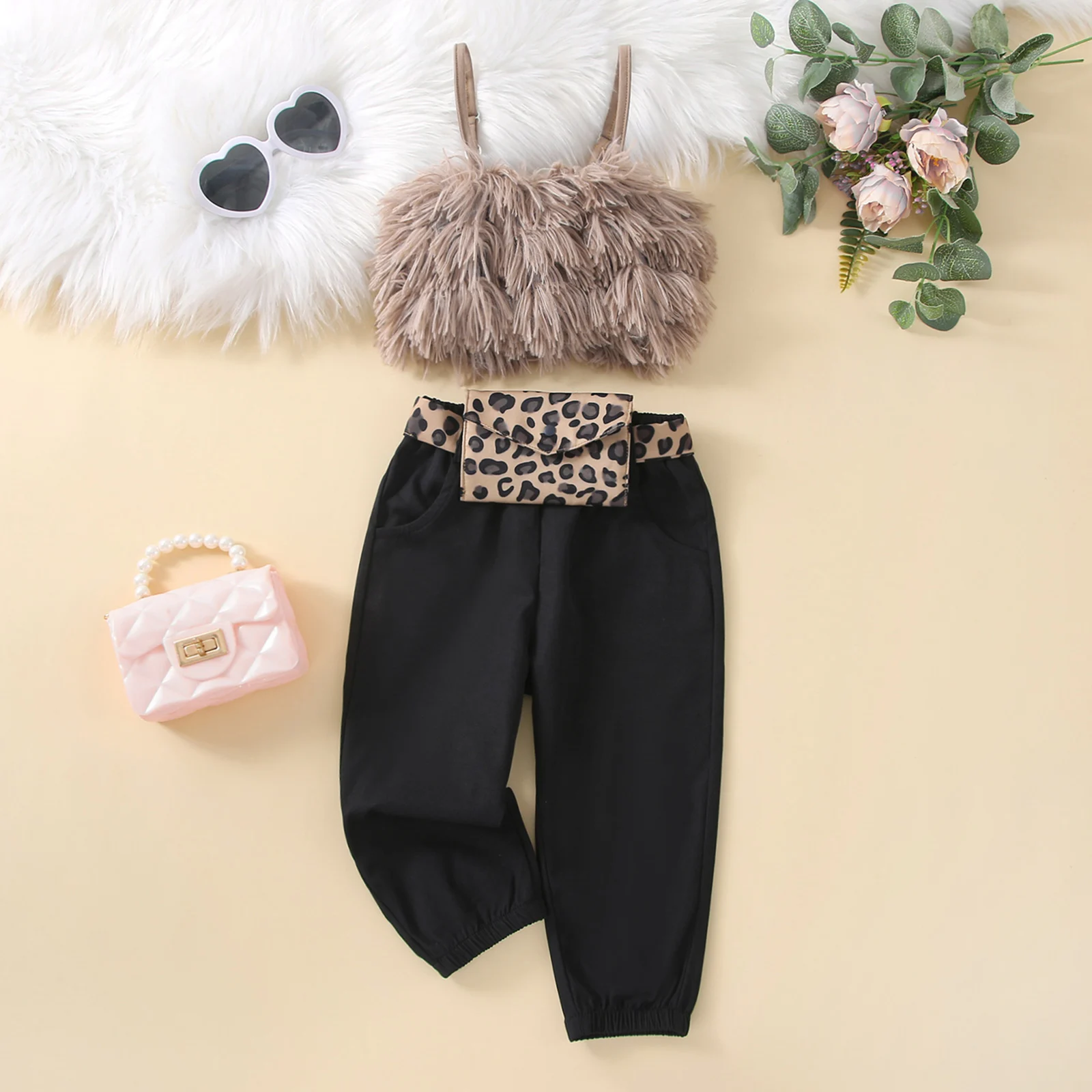 2022-05-26 Lioraitiin 0-6Years Toddler Girls Summer Outfits Furry Spaghetti Strap Tank Tops Long Pants + Waist Bag Set