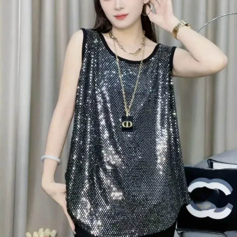 

Women Clothing Street Casual Sleeveless Loose Tanks Summer New O-neck All-match Bright Silk Vintage Pullovers Tops Fashion Trend