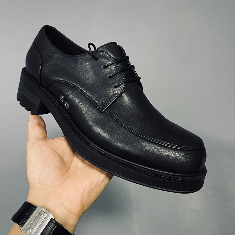 تصميم جديد أسود جولة تو جلد طبيعي جودة عالية ديربي أحذية من الجلد الرجال فستان مكتب أحذية الزفاف الذكور #2