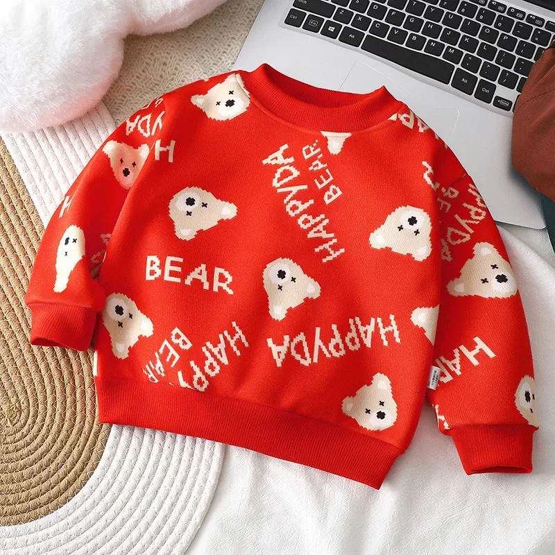 Autumn Winter Plush Velvet T-shirt for Kids Thicken Warm Printed Sweatshirts Casual Children Pullover Outwear Christmas Gifts