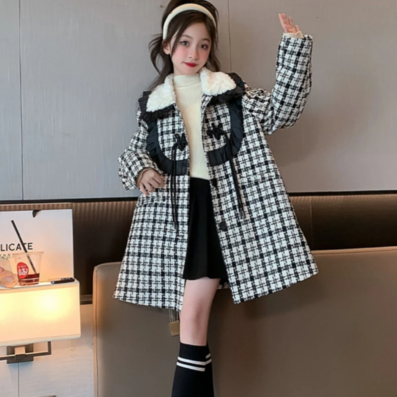 Girls Woolen Coat Overcoat Jacket Windbreak 2023 Simple Warm Plus Thicken Winter Cotton Teenagers Outwear Children's Clothing