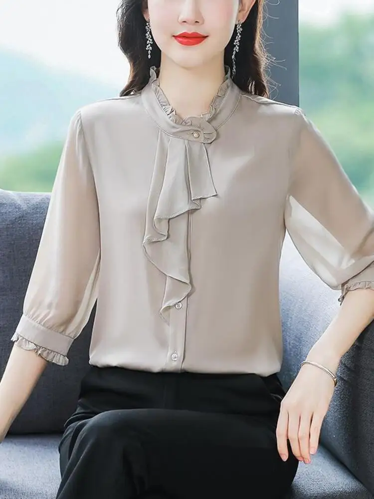 Middle Sleeves Modern Dance Line Clothing Women Stage Costume Classical Jazz Chiffon Adult Latin Kimono Top Stand Collar Shirt