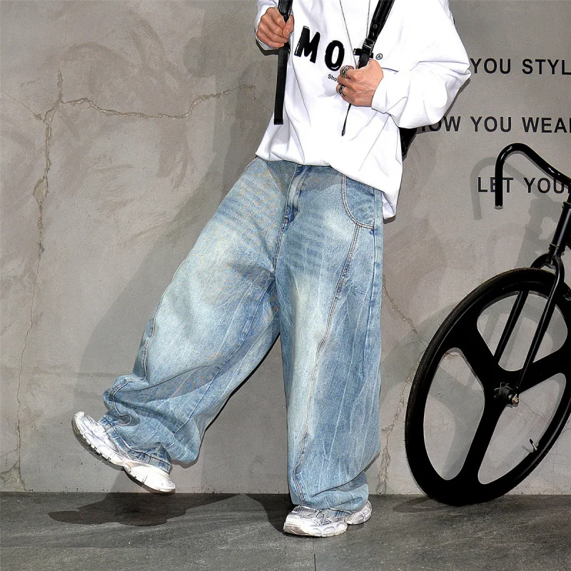 

Retro Blue Curved Wide Leg Denim Pants Men, Vibe Streetwear Loose Stacked Long Jeans