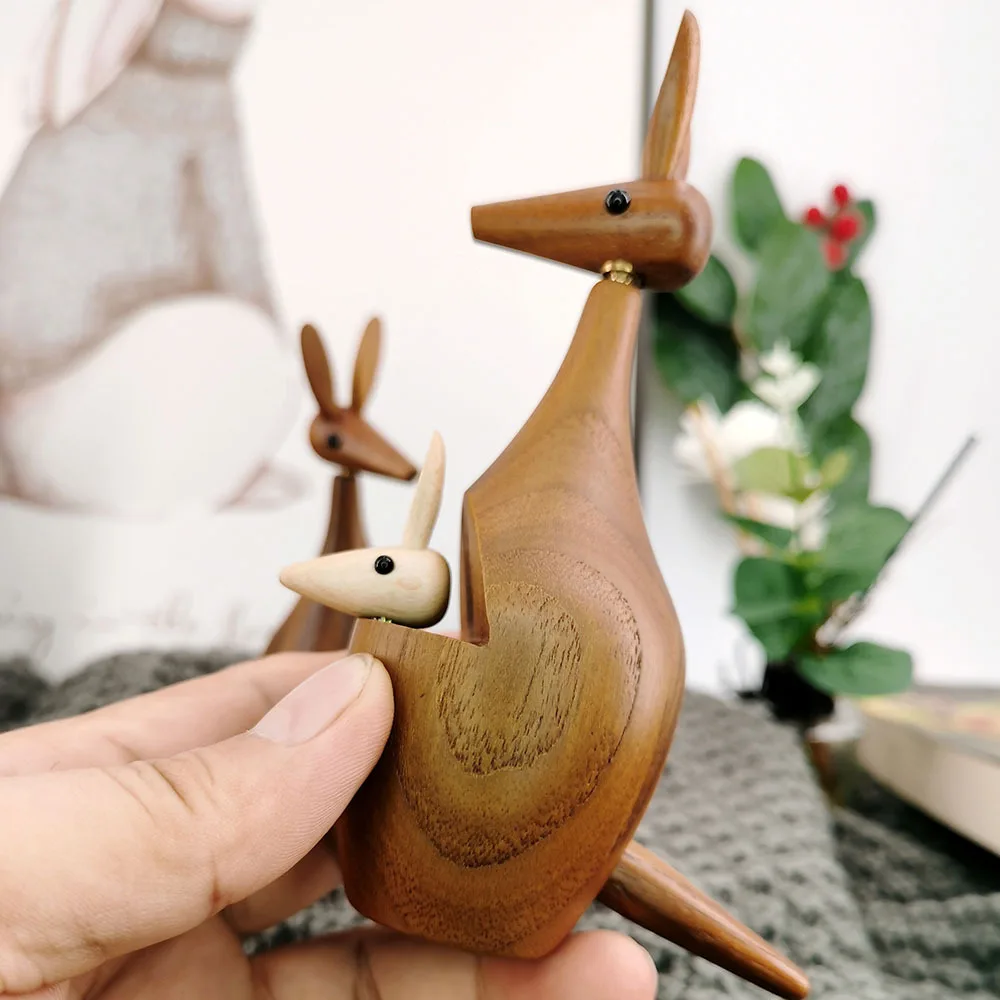 Wooden Kangaroo Figurine Creative Handmade Decor with Parent-Child Design for Home Decoration Living Room Handicrafts