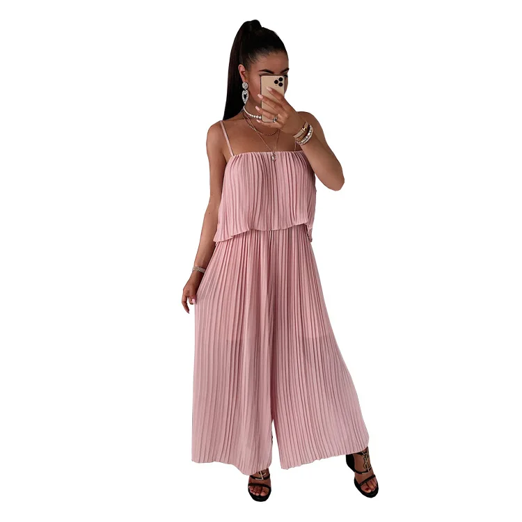 

Szkzk Sexy Ruched Chiffon Jumpsuit For Women Night Club Rompers Sleeveless Strapless High Waist Party Evening Loose Jumpsuits