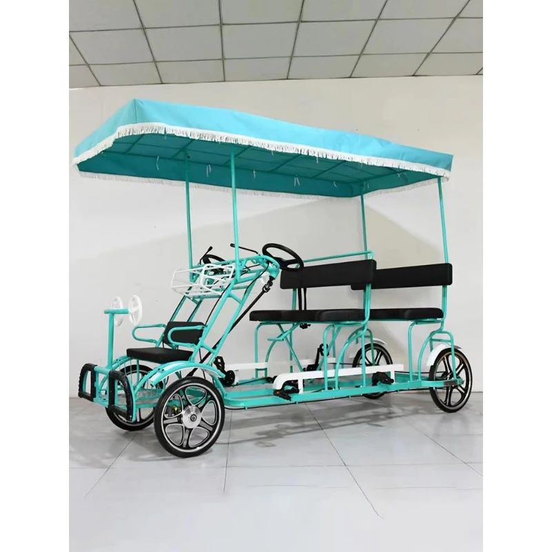 Four-wheel raised canopy double bicycle multi-person riding four-person handbrake bicycle