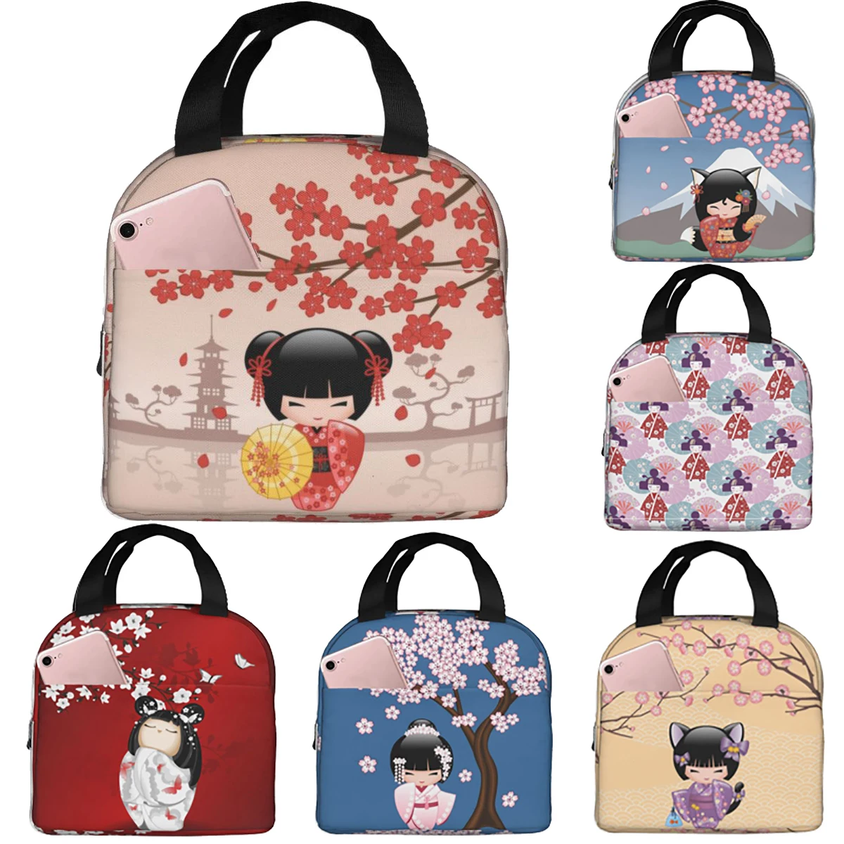 Fiambrera térmica japonesa Keiko Kokeshi para niñas, bolsa de almuerzo con aislamiento, diseño bonito, Kimono, Geisha, fiambrera térmica